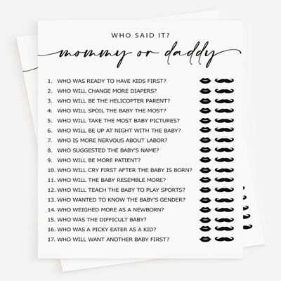 All Ewired Up 50 Mommy or Daddy? Who Said It Game (50-Cards) Fun Baby Shower Game Activity, Gender Neutral Boy or Girl Minimalist