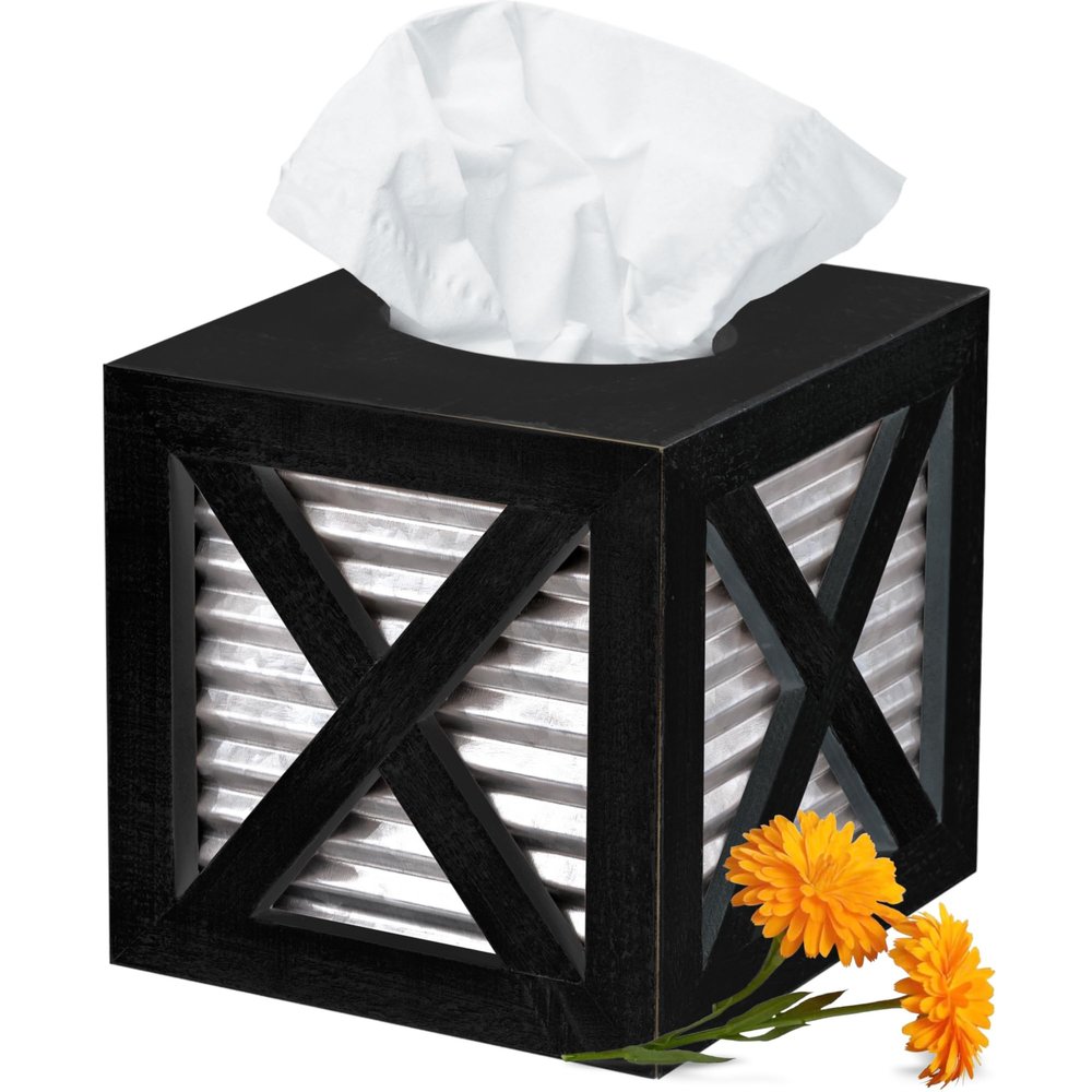 Autumn Alley Barn Door Square Farmhouse Tissue Box Cover in Black and Galvanized Farmhouse Bathroom Accessories Rustic Bathroom Dcor Tissue Holder | Wood Galvanized Tissue Box Cover