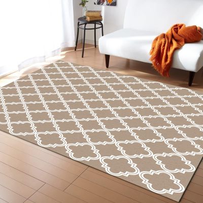 Geometric Beige Moroccan Pattern Area Rug, Indoor Non-Slip Kids Rugs, Machine Washable Breathable Durable Carpet for Front Entrance Floor Decor-5.3x8ft