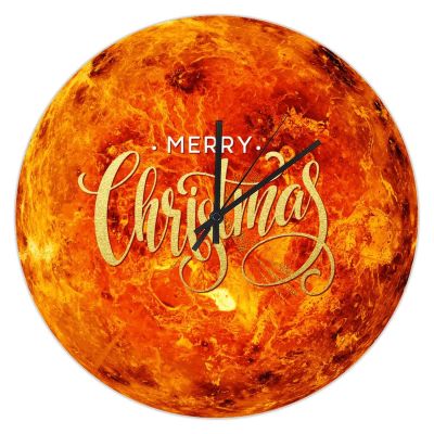 Famrhouse Wall Clock Merry Christmas View of The Planet Jupiter Wooden Wall Art Hanging Clock Round Silent Xmas Holiday Rustic Battery Operated Wooden Clock for Living Room Kitchen Bedroom 10"