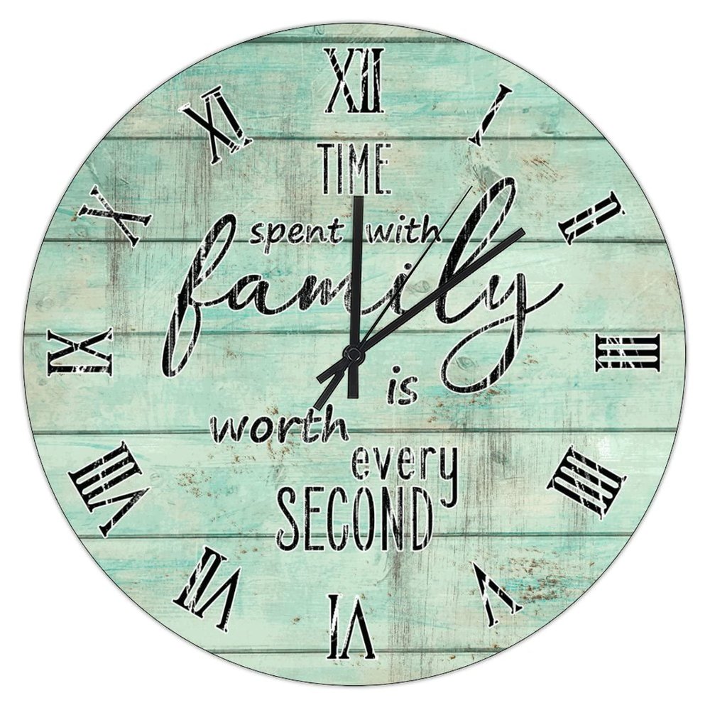 Famrhouse Wall Clock Time Spent With Family Is Worth Every Second Wooden Wall Art Hanging Clock Round Silent Country Rustic Battery Operated Wooden Clock for Bedroom Laundry Room Living Room 15-Inch