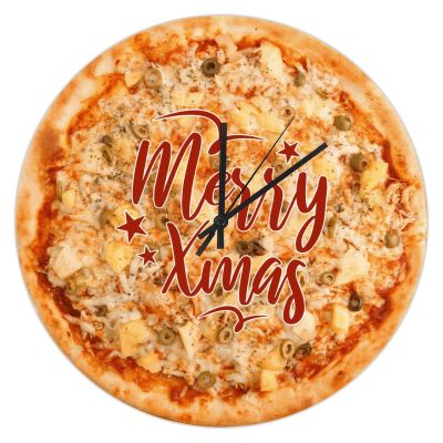 UFunhome 10" Silent Non Ticking Christmas Wall Clock for Living Room Decor Fast Food Cheese Pizza Merry Christmas Xmas Home Decoration Wooden Clock for Office, Kitchen, Bedroom, Restaurant Gift