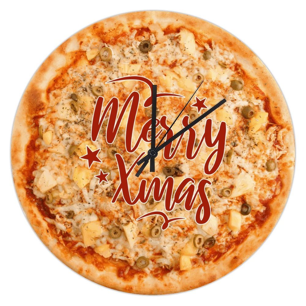 UFunhome 10" Silent Non Ticking Christmas Wall Clock for Living Room Decor Fast Food Cheese Pizza Merry Christmas Xmas Home Decoration Wooden Clock for Office, Kitchen, Bedroom, Restaurant Gift