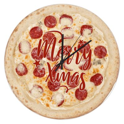 Merry Christmas Modern Wall Clock 12-Inch Fast Food Pepperoni Pizza Non-Ticking Silent Battery Operated Round Wooden Decorative Clock Christmas Decoration for Home/Kitchen/Office/Classroom/School