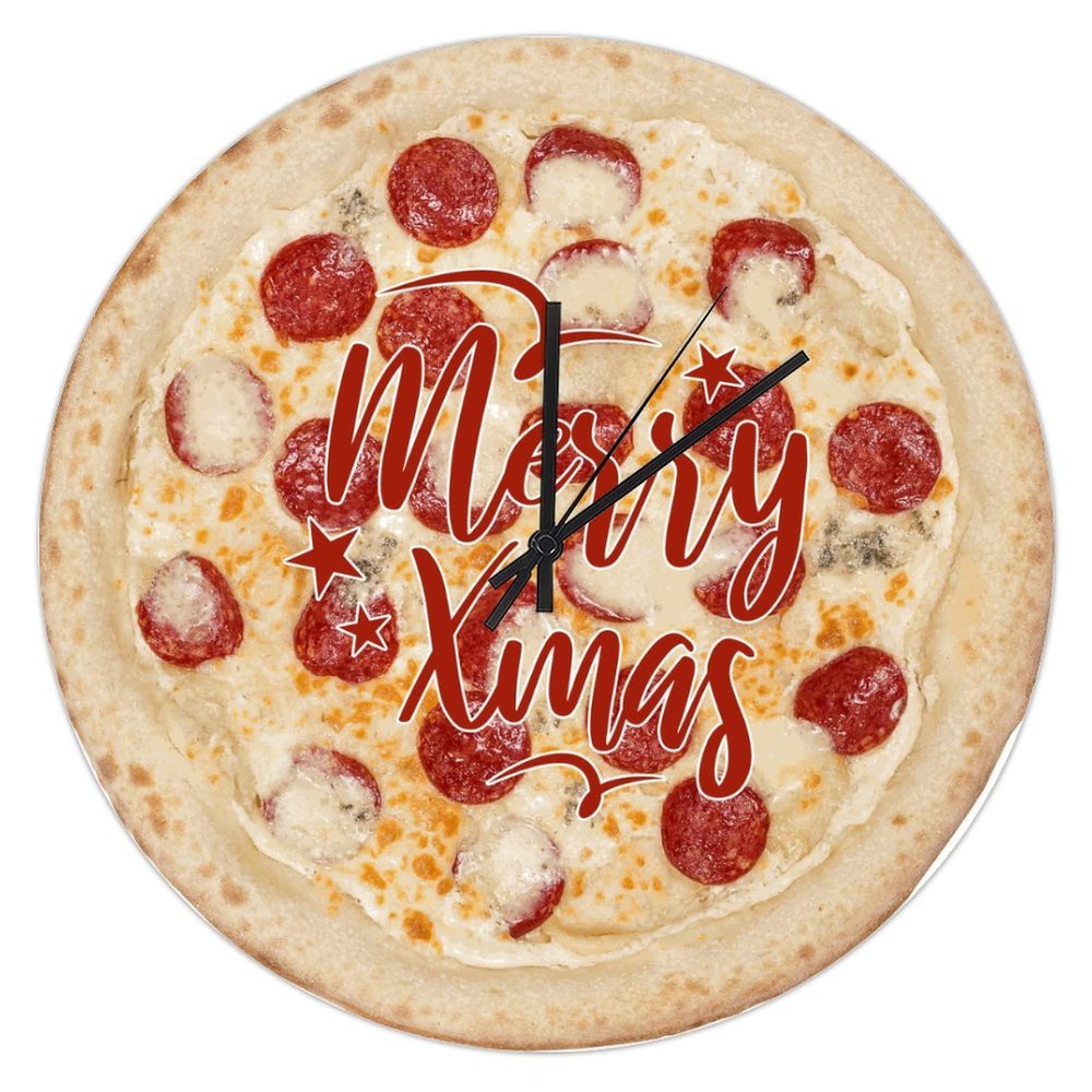Merry Christmas Modern Wall Clock 12-Inch Fast Food Pepperoni Pizza Non-Ticking Silent Battery Operated Round Wooden Decorative Clock Christmas Decoration for Home/Kitchen/Office/Classroom/School