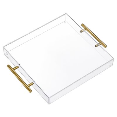 12"x12" Clear Acrylic Serving Tray with Golden Handles, Sturdy Huge Capacity Acrylic Trays for Coffee, Juice, Kitchen and Desk Organizer, Storage Tray (12"x12")