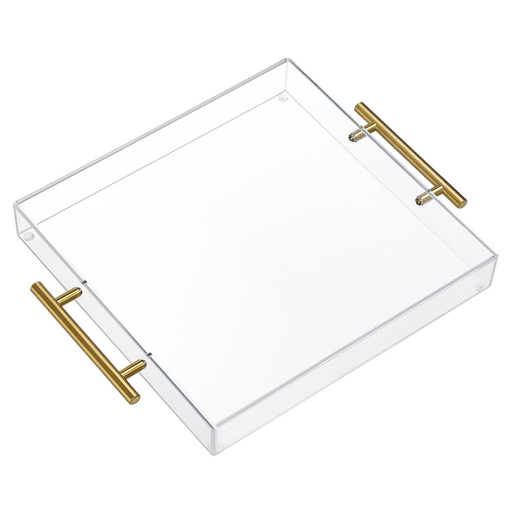 12"x12" Clear Acrylic Serving Tray with Golden Handles, Sturdy Huge Capacity Acrylic Trays for Coffee, Juice, Kitchen and Desk Organizer, Storage Tray (12"x12")