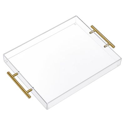 11"x14" Clear Acrylic Serving Tray with Golden Handles, Sturdy Huge Capacity Acrylic Tray for Coffee, Juice, Kitchen and Desk Organizer (11"x14")