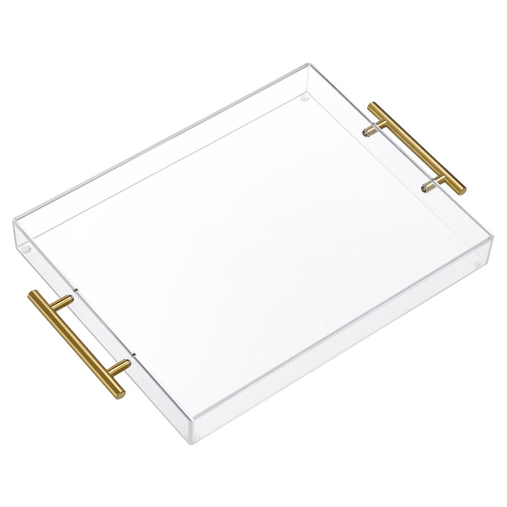 11"x14" Clear Acrylic Serving Tray with Golden Handles, Sturdy Huge Capacity Acrylic Tray for Coffee, Juice, Kitchen and Desk Organizer (11"x14")