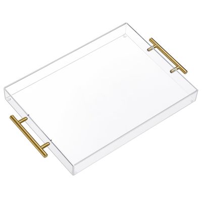 12"x16" Clear Acrylic Serving Tray with Golden Handles, Sturdy Huge Capacity Acrylic Tray for Coffee, Juice, Kitchen and Desk Organizer, Storage Tray (12"x16")