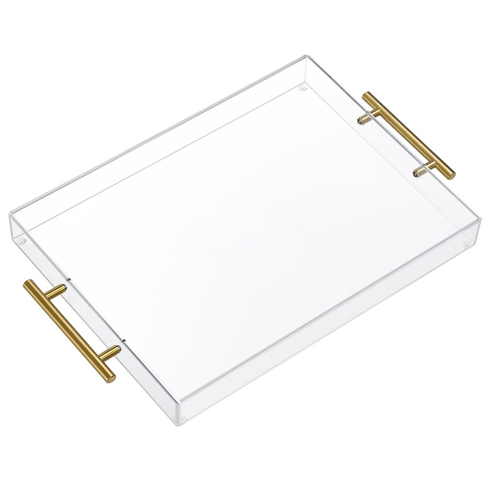 12"x16" Clear Acrylic Serving Tray with Golden Handles, Sturdy Huge Capacity Acrylic Tray for Coffee, Juice, Kitchen and Desk Organizer, Storage Tray (12"x16")