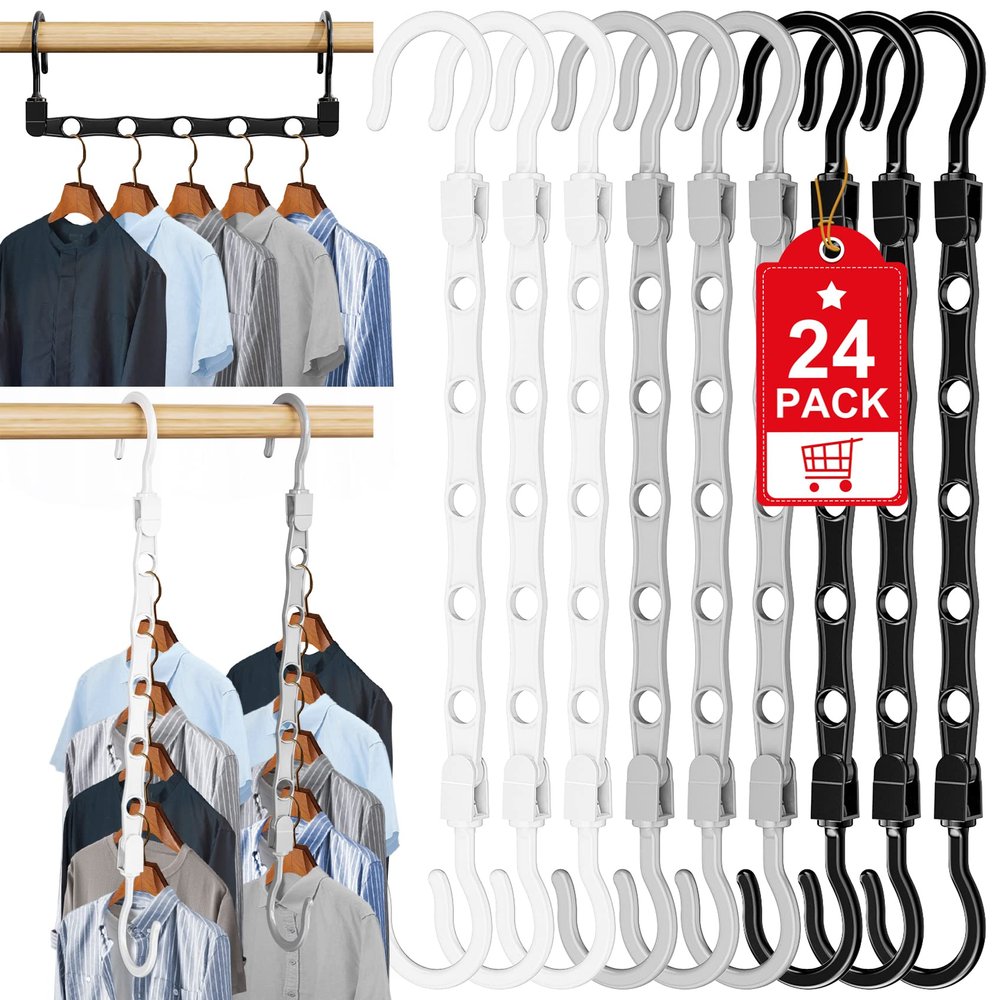 24 Pack Hangers Space Saving Magic Space Saver Storage Smart Plastic Clothes Hanger Organizer Closet Organizers and Storage for Closet Apartment College Dorm Room Essentials,Black White Grey