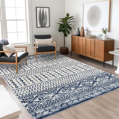Art&Tuft 4x6 Rug, Super Soft Ultra-Thin Moroccan Washable Rug, Anti-Slip Backing Rugs for Living Room, Foldable Geometric Machine Washable Area Rug(4'x6', Blue)
