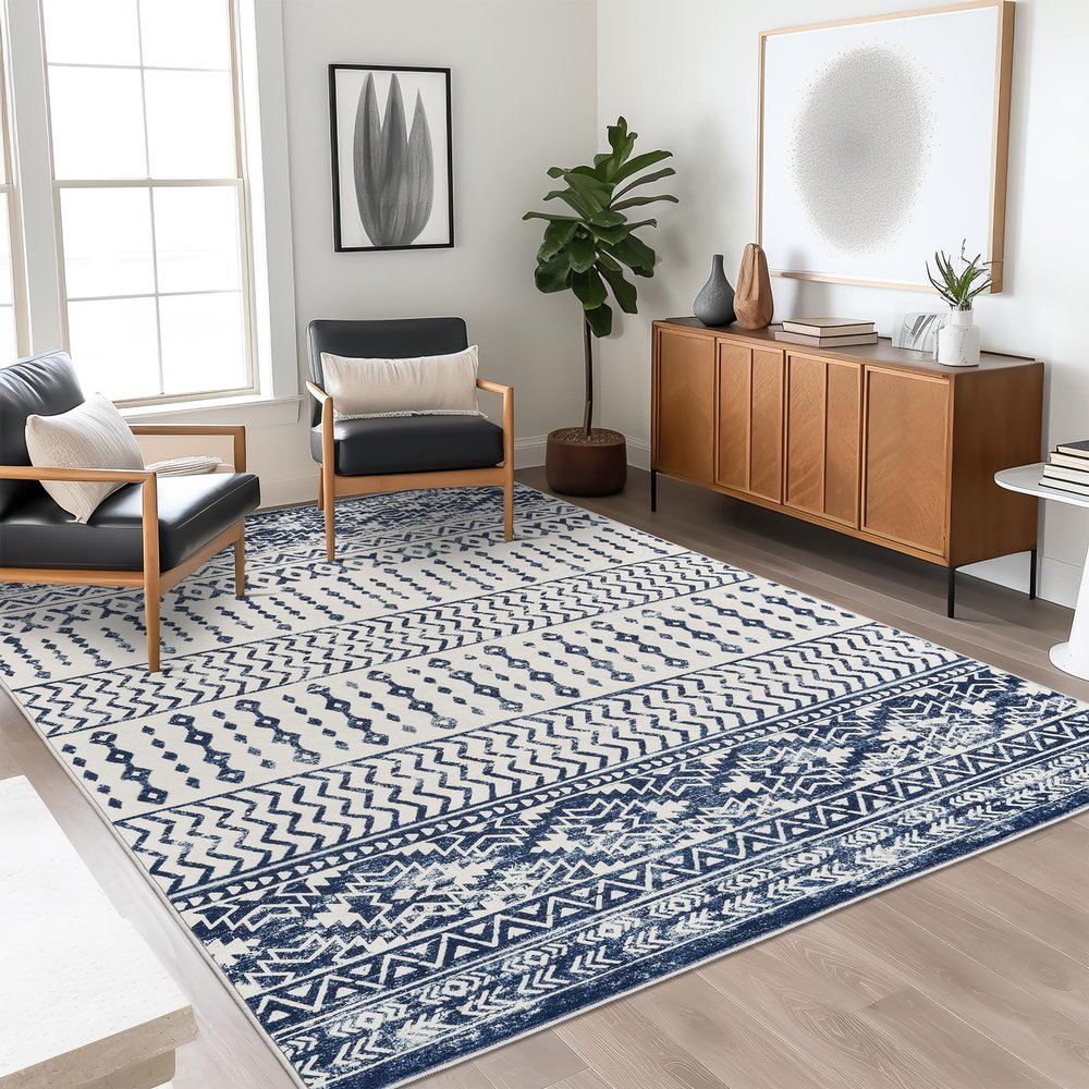 Art&Tuft 4x6 Rug, Super Soft Ultra-Thin Moroccan Washable Rug, Anti-Slip Backing Rugs for Living Room, Foldable Geometric Machine Washable Area Rug(4'x6', Blue)