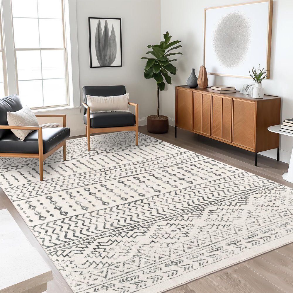 Art&Tuft 4x6 Rug, Super Soft Ultra-Thin Moroccan Washable Rug, Anti-Slip Backing Rugs for Living Room, Foldable Geometric Machine Washable Area Rug(4'x6', Ivory)