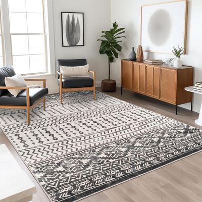 Art&Tuft 4x6 Rug, Super Soft Ultra-Thin Moroccan Washable Rug, Anti-Slip Backing Rugs for Living Room, Foldable Geometric Machine Washable Area Rug(4'x6', Black)