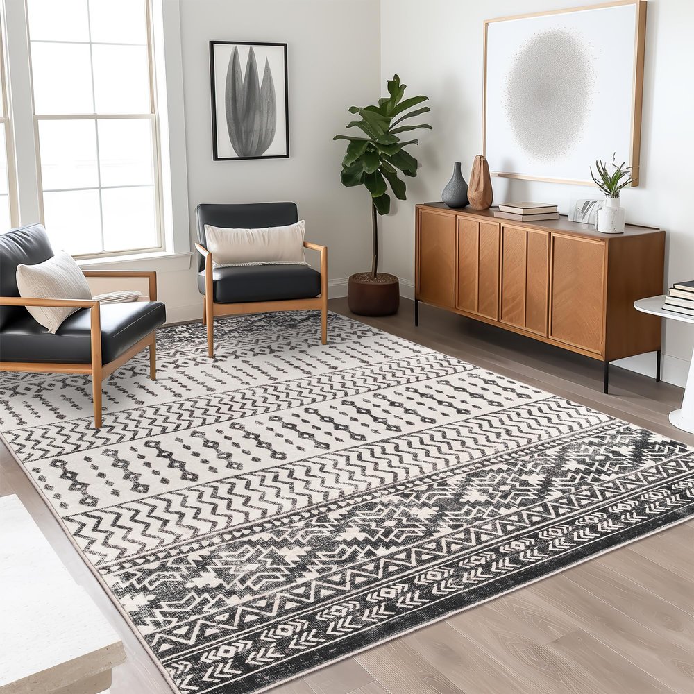Art&Tuft 4x6 Rug, Super Soft Ultra-Thin Moroccan Washable Rug, Anti-Slip Backing Rugs for Living Room, Foldable Geometric Machine Washable Area Rug(4'x6', Black)
