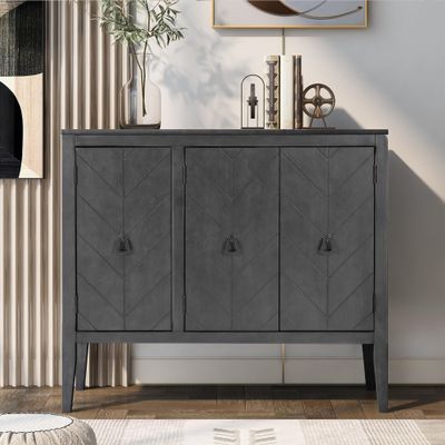 JIVOIT Wooden Accent Storage Cabinet with Adjustable Shelf, Vintage Style Sideboard Console Table with 3 Doors and Metal Handle, Buffet Cabinet for Hallway Living Room(Gray TQ)