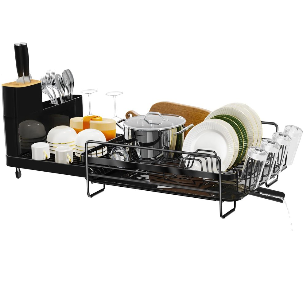Runnatal Dish Drying Rack Extendable, Large Dish Rack with Drainboard, Utensil Holder, Cup Holder, Expandable Dish Drainer for Kitchen Counter, 20.5"-27.6" L x 12.6" W