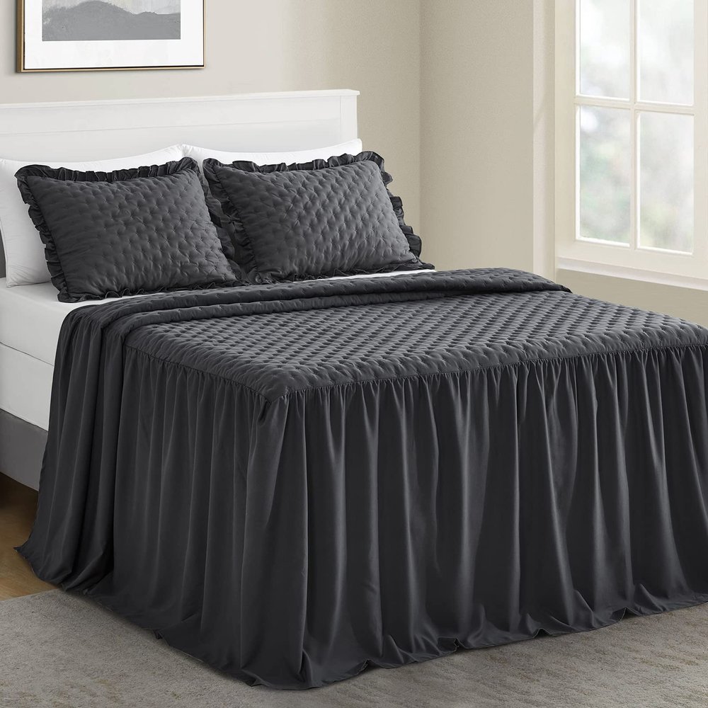 CHIXIN Ruffle Skirt Bedspread Cal King Size - 30" Long Drop, Shabby Chic Style, Lightweight Bedding Cover, 3 Piece Set, Dark Grey