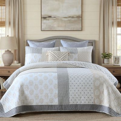 KALOOLA Patchwork Quilt Bedding Set Queen Size, 100% Cotton Lightweight Quilted Bedspread with 2 Pillowcases, Farmhouse Reversible Floral Pattern Coverlet for All Season, 3 Pieces, Moonbeam/Grey