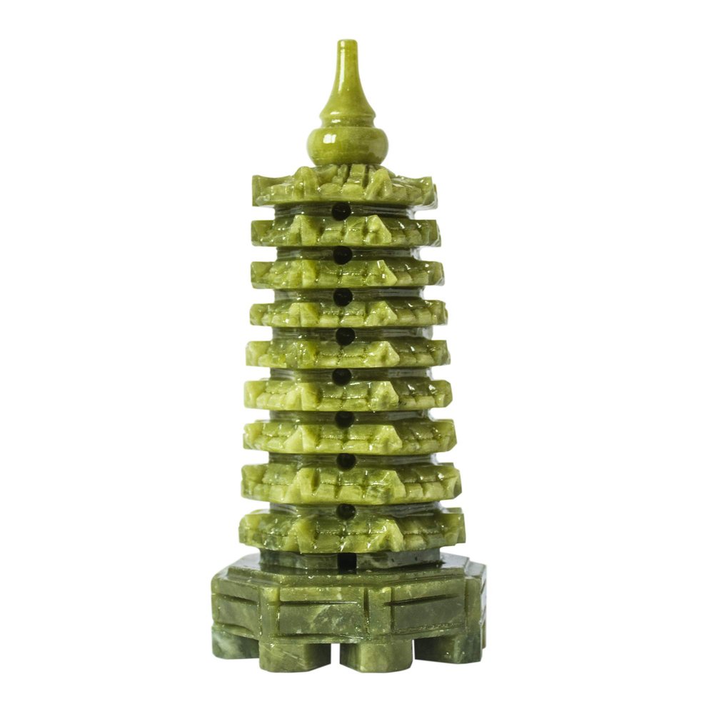 Addune Green Natural Jade Nine-Storey Wenchang Tower Pagoda Statue Fengshui Handmade Figure Hand Carved Collection Arts Ornaments Home Decor