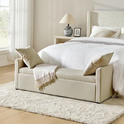 HULALA HOME 59" Storage Bench with 2 Throw Pillows & Armrests, Beige