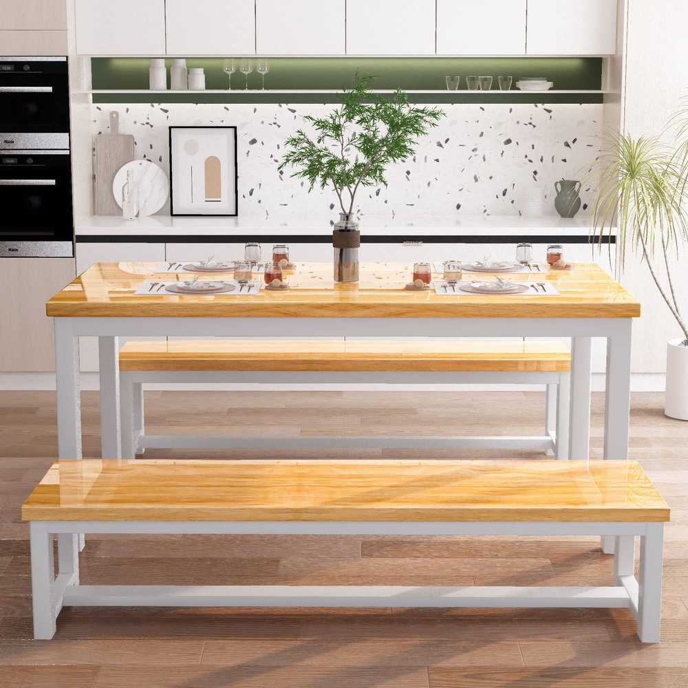 AWQM 43.3" Dining Table Set for 4, Kitchen Dining Table with 2 Benches, Dining Room Table Set with Metal Frame & Thickened Board for Kitchen, Restaurant, Oak