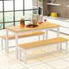 AWQM 43.3" Dining Table Set for 4, Kitchen Dining Table with 2 Benches, Dining Room Table Set with Metal Frame & Thickened Board for Kitchen, Restaurant, Oak view 3