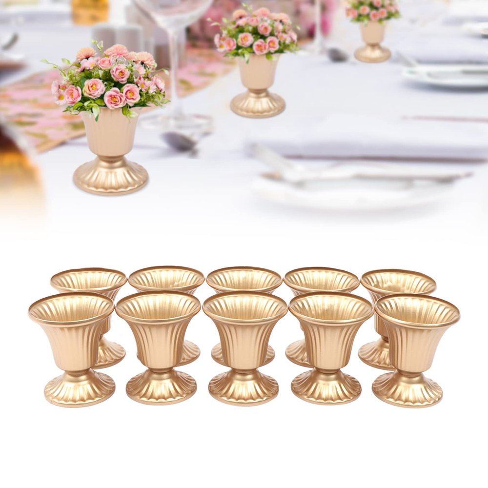 10 Pcs of Mini Sized Metal Wedding Centerpieces Vase for Wedding Party Decoration, 10cm/3.94" Tall Trumpet Vase for Anniversary Ceremony, Antique Gold