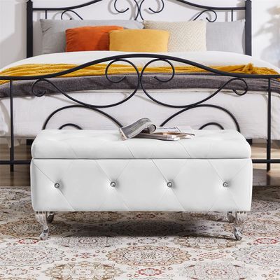 LKTART 38.19'' White PU U-Shaped Storage Bench Mid-Century European Style Retro Ottoman Supports 250 lbs for Bedroom End of Bed Living Room Entryway