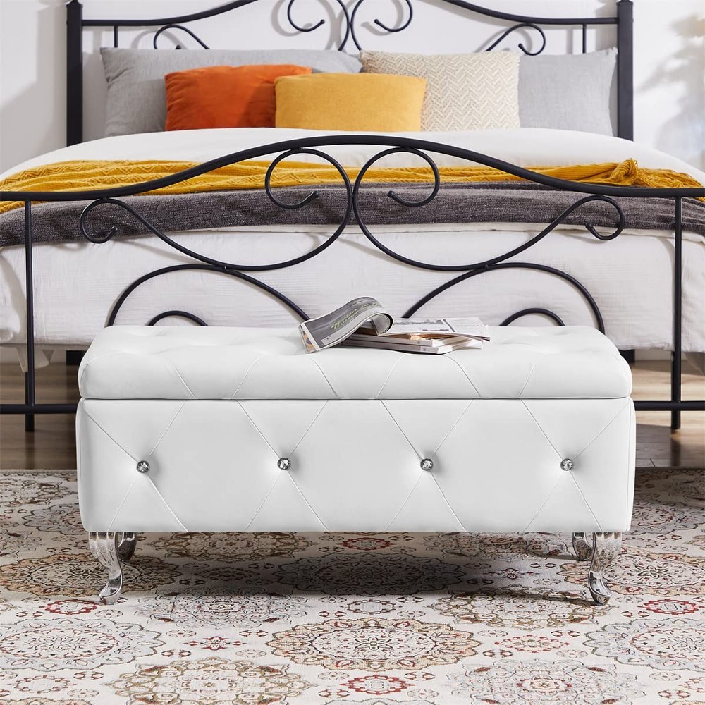 LKTART 38.19'' White PU U-Shaped Storage Bench Mid-Century European Style Retro Ottoman Supports 250 lbs for Bedroom End of Bed Living Room Entryway
