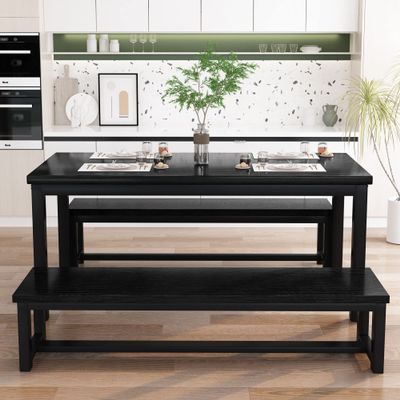 AWQM Dining Table Set for 4, Kitchen Dining Table with 2 Benches, Dining Room Table Set with Metal Frame & Thickened Board for Kitchen, Restaurant, Black, 43'' Breakfast Table Set (A006-11H2-L)