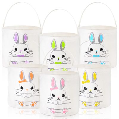 Photect 6 Pcs Easter Canvas Bunny Bucket Basket Bag with Handles for Kids 6 Color Rabbit Reusable Egg Hunting Treat Candy Goody Tote Bags for Party Game Favor Gifts Supplies(Lovely Color)