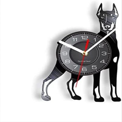 Black Vinyl Wall Clock 12Inch Doberman Pinscher Puppy Laser Cut Out Vinyl Record Wall Clock Fierce Dobermann Police Dog Home Decor Retro Album Disk Watches