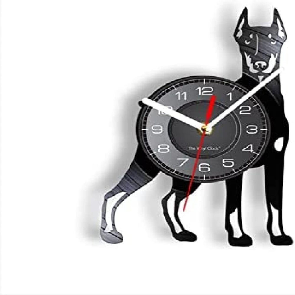 Black Vinyl Wall Clock 12Inch Doberman Pinscher Puppy Laser Cut Out Vinyl Record Wall Clock Fierce Dobermann Police Dog Home Decor Retro Album Disk Watches