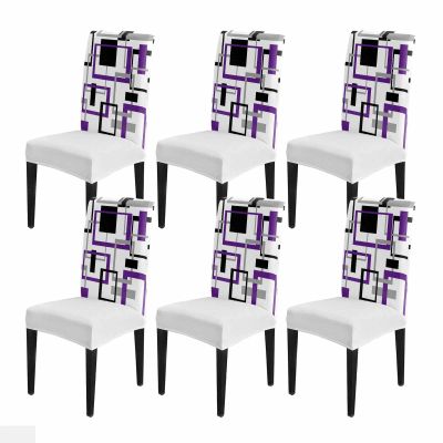 Abstract Middle Century Purple Dining Chair Cover Set of 6,Modern Geometric Grey Black Art Stretch Chair Protectors Slipcover,Spandex Kitchen Chair Seat Back Cushion Slip Cover for Dining Room,Party