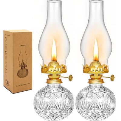 CHNLML 2 Pieces Christmas Large Chamber Oil Lamps, Glass Clear Kerosene Lamp Indoor Decorative Hurricane Lantern Vintage for Xmas Thanksgiving Tabletop Decor and Winter Emergency Lighting(colorless