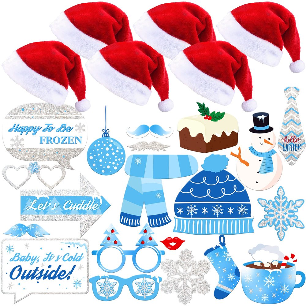 Blue, Christmas Photo Booth Props Kit - Pack of 27 | Santa Hat for Christmas Party Favors | Holiday Photo Booth for Christmas Party Decorations | Xmas Hat,Christmas Headwear | Santa Claus Hat for Xmas