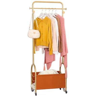 ARALEL Garment Rack Gold Metal Clothing Rack for Hanging Clothes with 7 Hooks, Freestanding Rolling Coat Rack with PU Storage Basket, Clothes Organizer Storage On Wheels for Laundry Hallway Bedroom