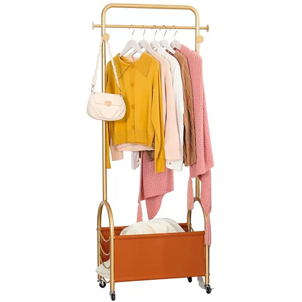 ARALEL Garment Rack Gold Metal Clothing Rack for Hanging Clothes with 7 Hooks, Freestanding Rolling Coat Rack with PU Storage Basket, Clothes Organizer Storage On Wheels for Laundry Hallway Bedroom