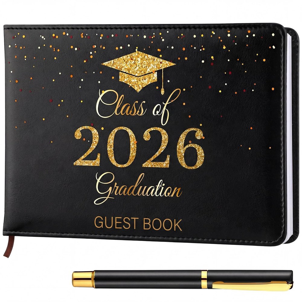 Frienda 2026 Graduation Guest Book Leather Guest Sign in Book with Pen Graduation Party Favors Congratulation Graduates Signature Books(Class of 2026,Black, Gold)