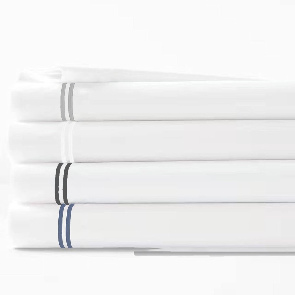 1000 Thread Count 2 Stripe Marrow Embroidery Sheet Set (White Embroidery On White, King (U.S. Standard))
