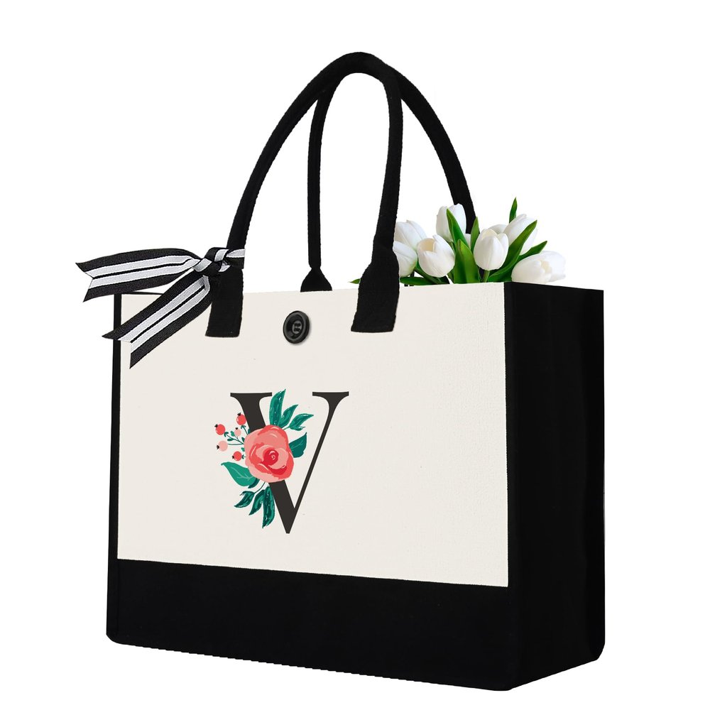Binggemen Initial Canvas Tote Bag, Personalized Birthday Gifts for Women Mom Friends Teachers, Monogrammed Tote Bags Suitable for Mother's Day Wedding Beach (Letter V)