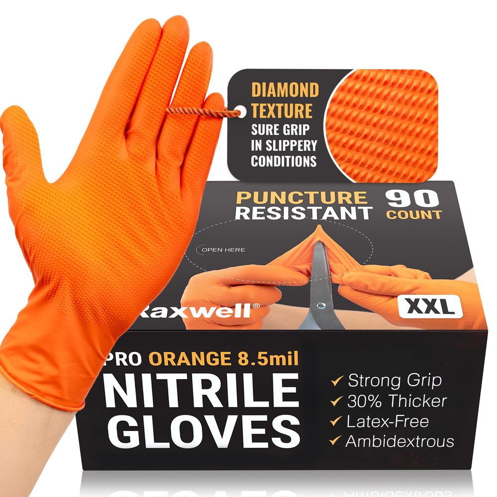 Raxwell Disposable Nitrile Gloves - Puncture Resistant Diamond Texture Grip - Food Safe & Latex Free for Cooking & Food Prep - Touch Screen Friendly Mechanic Work Gloves - XX-Large, Orange, Pack of 90