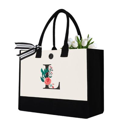 Binggemen Initial Canvas Tote Bag, Personalized Birthday Gifts for Women Mom Friends Teachers, Monogrammed Tote Bags Suitable for Mother's Day Wedding Beach (Letter L)