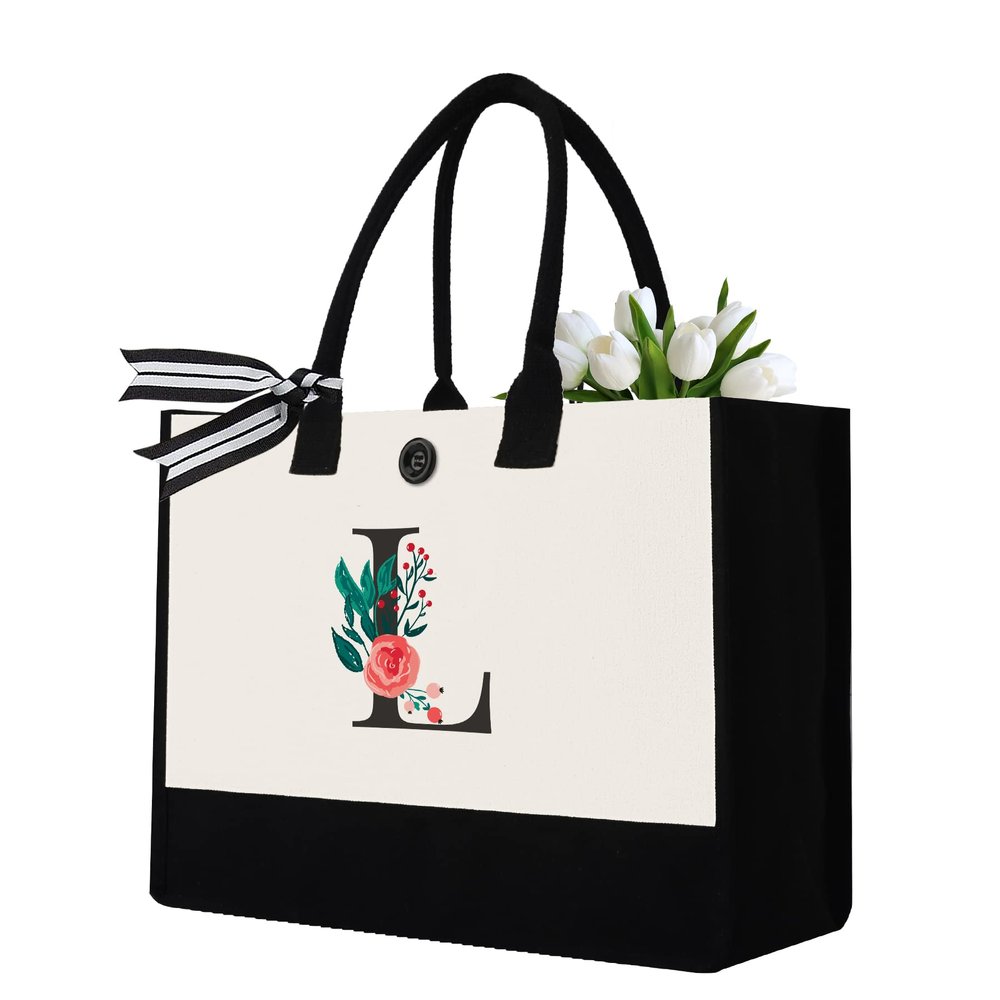 Binggemen Initial Canvas Tote Bag, Personalized Birthday Gifts for Women Mom Friends Teachers, Monogrammed Tote Bags Suitable for Mother's Day Wedding Beach (Letter L)