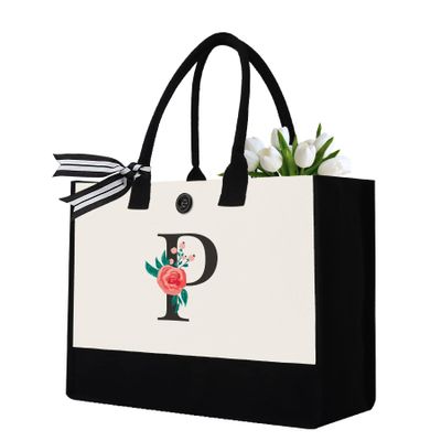 Binggemen Initial Canvas Tote Bag, Personalized Birthday Gifts for Women Mom Friends Teachers, Monogrammed Tote Bags Suitable for Mother's Day Wedding Beach (Letter P)