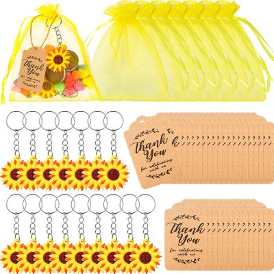 Bucherry 300 Pcs Party Favors Include Keychain, Organza Bags and Thank You Kraft Tags 100 Each for Birthday Shower Summer Theme Party Birthday Bridal Wedding Guests Return Gifts(Sunflower)