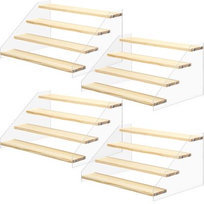 4 Pack 4 Tier Acrylic Wooden Display Stand, Clear Acrylic Display Riser Shelf Wood Tiered Display Shelf Rack Step Ladder Riser Stands for Cupcakes Perfumes Figures Collectibles, 12 Inch